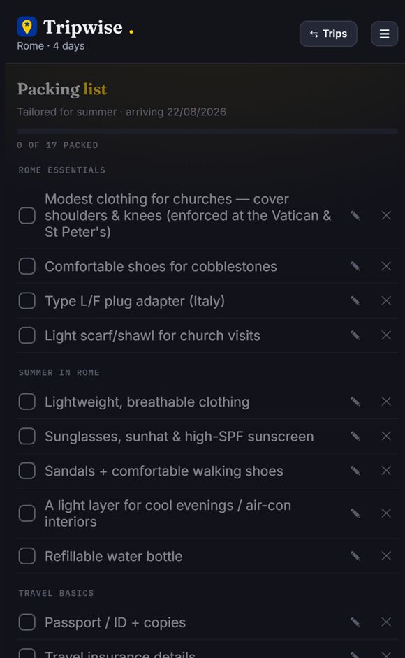 Packing list